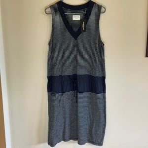 Kenneth Cole NWT Womens Large Navy/White Stripe Waist Defined V-Neck Dress